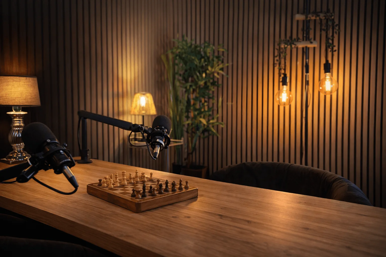 Le studio Atlas à Paris : table en bois, micros professionnels et décor chaleureux